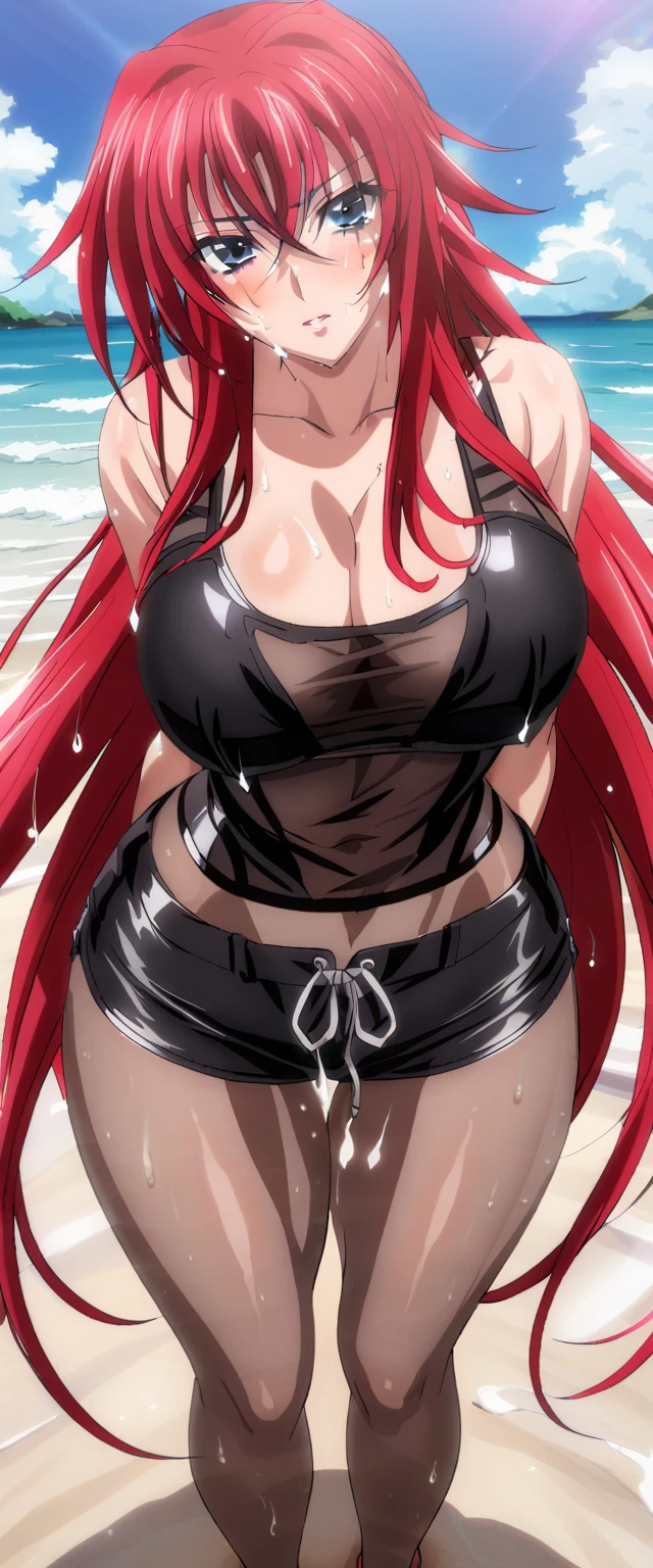 sysdeep_rias, best quality, masterpiece, ultra-detailed, high quality, highres, 1girl, pretty woman, red hair, long hair, beautiful, looking at viewer, (black tanktop), black shorts, see through, large breasts, cleavage, large ass, curvy body, POV, close shot, from the front, full body, in beach, sweating, exhausted, covered in semen 