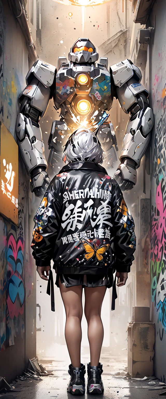 mecha ::Bottom, mixed language_text, Japanese graffiti letters, , Excellent lighting, side lighting, perfect ending :: comix style by joe madureira :: circular pieces of white metal glued to the ultra detailed arms giving off a sparkling shine, perfect and detailed, ultra detailed shirt with abstract design and Japanese graffiti lettering print on the sides of the garment, image of garotas with big breast, Banksy Art sticker, butterflies, , alm, Illustration digital, Comic style, , centered, Approaching perfection, dynamic, Highly detailed, watercolor painting, art station, conceptual art, suave, sharp focus, Illustration, arte de Carne Griffiths e Wadim Kashin
