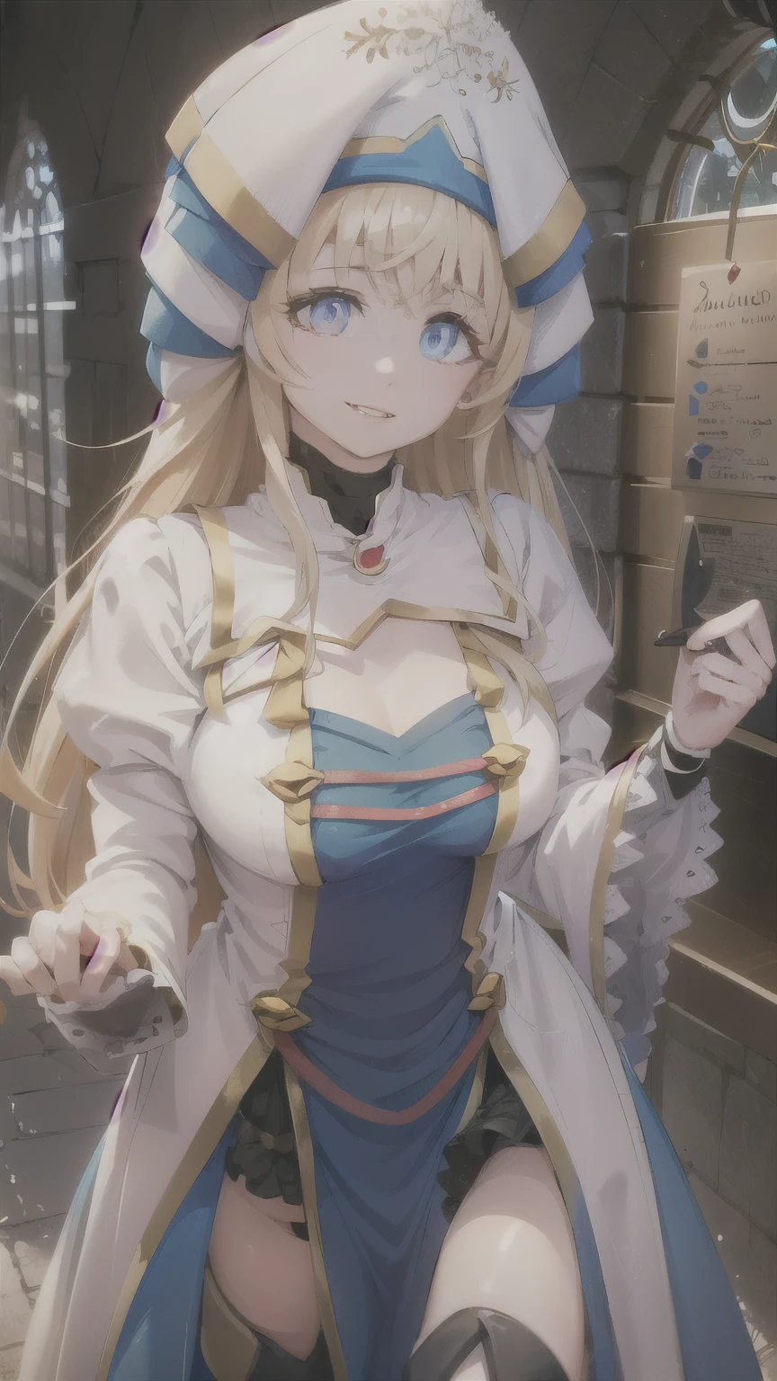 (masterpiece, best quality , Glistening , shiny leather, ultra detailed , Detailed background, complex background),( perfect face , detailed face , detailed eyes,perfect hands,Perfect fingers), (Half :1.2,smile),( mature woman :1.4), gunman shot ,,neckline,
priestess, long hair,(( Gradient Hair )),multicolor eyes, gradient eyes , ( glowing eyes :1.1), mask, (Fashion makeup), parted lips,has, long sleeves, dress, thighhighs , white headdress, thigh boots, mangas anchas, tall white stockings , returns hands,
((guild, sala del guild, Mission board , window, Road view , medieval)),((super Detailed background)), dynamic postures, (( wallpaper 8k )), desnuda.