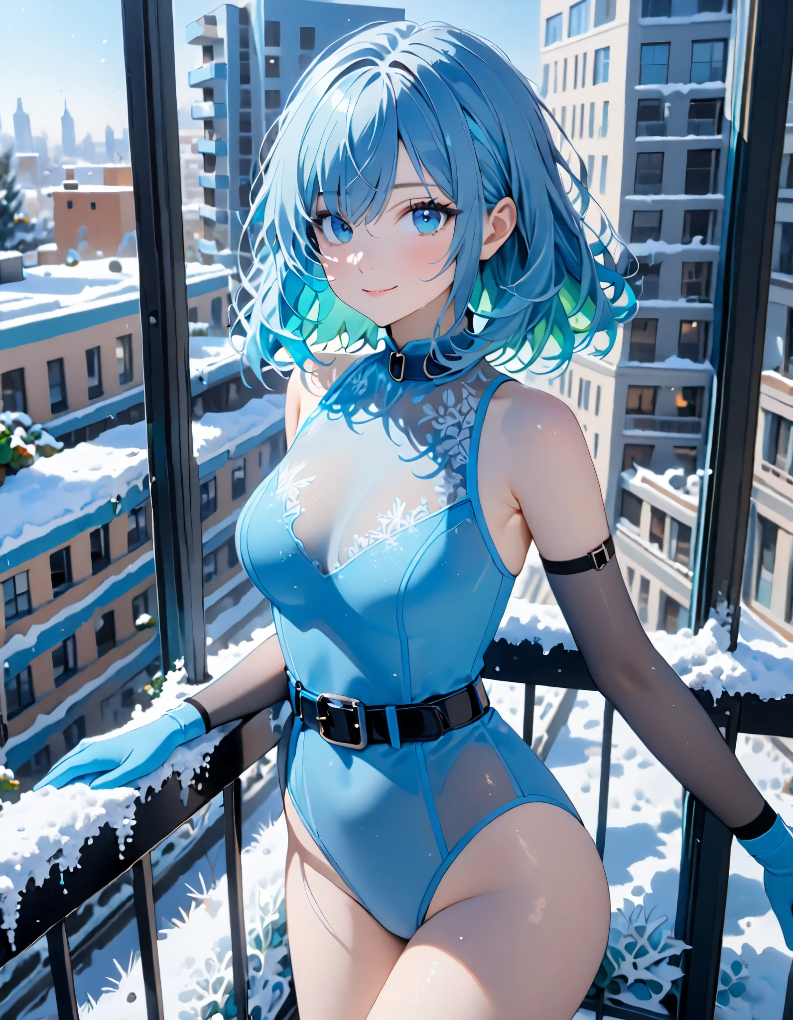 best quality, 32k, RAW photo, incredibly absurdres, extremely detailed, delicate texture, intelligent beauty, medium hair, blue hair, hair over one eye, (blue leotard with green accents), (tight belt), matching gloves, matching boots, ankle boots, playful, cute smile, closed mouth, outside office balcony, (body infused with frost)