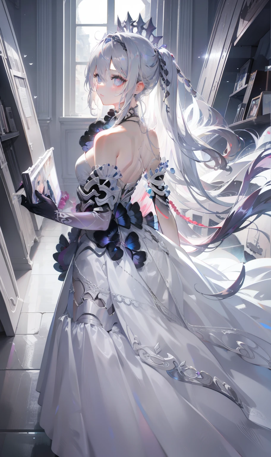 Silver Hair,Butterfly, long gray hair , white wedding dress, 8k wallpaper, detailed background, Maximum resolution ,Deep V, Cover the hair of one eye ,Strapless wedding dress,Chis,White Rose,Tight, Full Body Photo