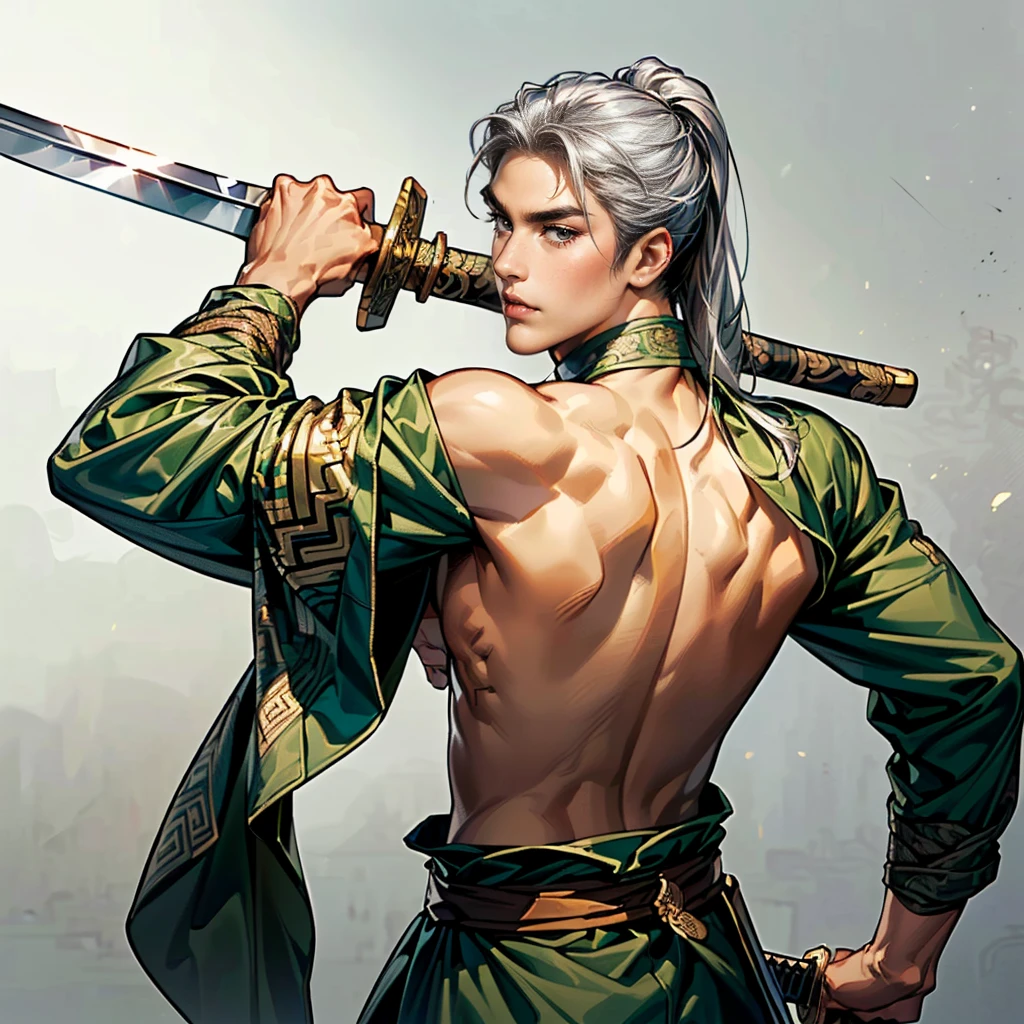 ( top quality,4K,8k, high definition ,masterpiece:1.2),super detailed,( realistic ,photo realistic ),(((1 person))),The 20-year-old hero of the Three Kingdoms ,(((Stand half of your body and show your back to the viewer:1.3, shirtless in the lobbyの美男子:1.3))),((Very handsome and sexy :1.3,Beautiful neutral boy :1.1),Confident and calm expression, A beautiful, symmetrical face drawn in detail ,(( Perfectly Set Long, Shiny Silver Hair ,good man:1.3, Ancient Chinese Male Hairstyle )), detailed eyes :1.2, perfect eyes, charming brown eyes,Thin, sharp eyebrows),( sculpted style :1.2 Strong Arms ,Back muscles, well-trained body:1.2, Tall),Noble Prince :1.2,kind gaze ,cinematic lighting, spotlight, soft shadows,(( shirtless in the lobby, ancient Chinese pants with detailed embroidery throughout the work of art,looking back, from behind,dynamic pause:1.2, (( An ancient Chinese sword wrapped in a detailed scabbard :1.3)), hand drawn in detail)),(( cowboy shot:1.2)),(( white background:1.3,simple background:1.2)),((( standing:1.3, depicted so as not to be visible from the tip of the head to above the knee :1.3))), is correctly depicted due to the structure of the human body