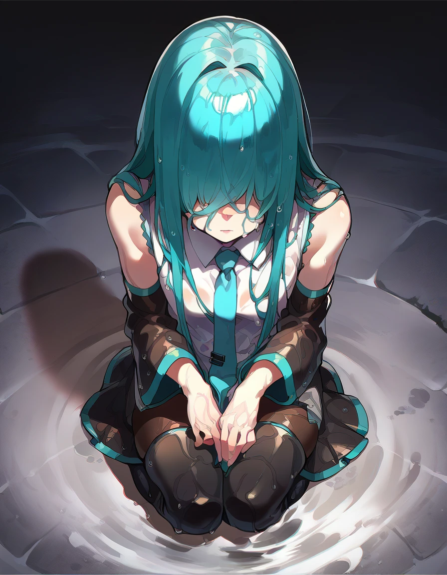 score_9, score_8_up, score_7_up, source_anime,
mikuhatsune, miku hatsune, ahoge, aqua eyes, aqua hair, crossed bangs, hair between eyes, hair ornament, headphones, long hair, twintails, mature female,
aqua necktie, black footwear, black skirt, black sleeves, boots, collared shirt, detached sleeves, grey shirt, necktie, pleated skirt, shirt, skirt, sleeveless, sleeveless shirt, thigh boots, tie clip, score_9,score_8_up,
Wet long blue hair,leaning, faceless,wet hair over face,
solo,
 blue tie, black skirt 
score_9,score_8_up,
long blue hair, wet,faceless, wet hair over face,
solo,
Wet soggy blue tie, wet matted down black skirt, hair covering eyes, hair covering eyes, hair over eyes, bangs covering eyes, bangs over eyes, full body 