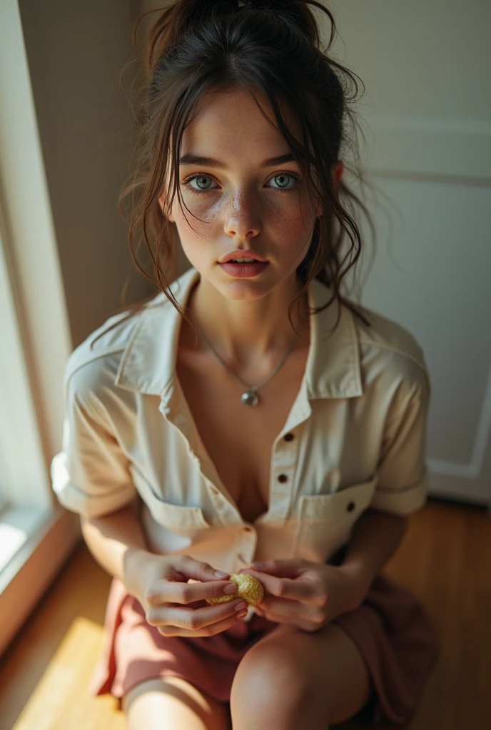 Young woman sitting in front of a canvas, pintandi in the mansion room. Dressed in large overalls and hair up. stained hands and face with paint drops 
