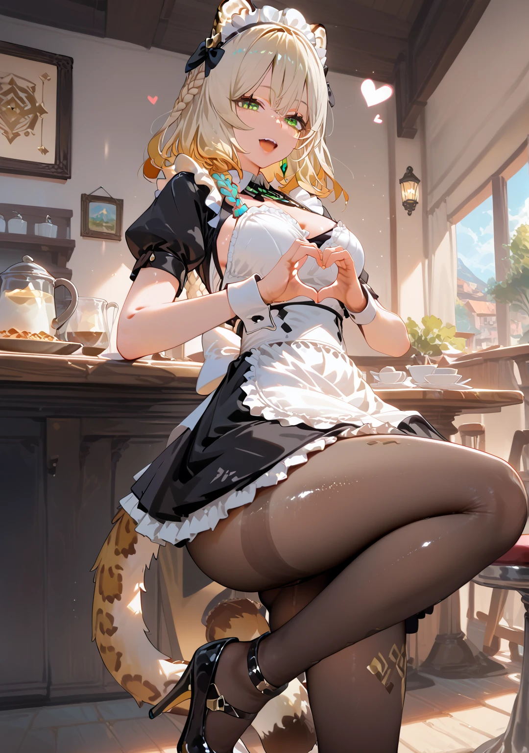 Highest quality, Highest quality, High quality illustrations, masterpiece, Ultra-high resolution, Detailed Background, Absurd, Perfect Anatomy, performance, Good lighting, Shadows in the movies, 1 girl, solo, Xilonen\(genshin_impact\), medium breasts, multicolored hair, blonde hair, green eyes, braid, animal ears, tail, leopard tail, voloptuous, alternate costume, looking the viewer, cafe, teeth grinding, open mouth, maid headdress, maid, puffy short sleeves, wrist cuffs, maid apron, frills, pantyhose, black dress, black footwear, high heels, heart hand, bewitching thighs, gleaming, shiny, shiny skin, shiny outfit