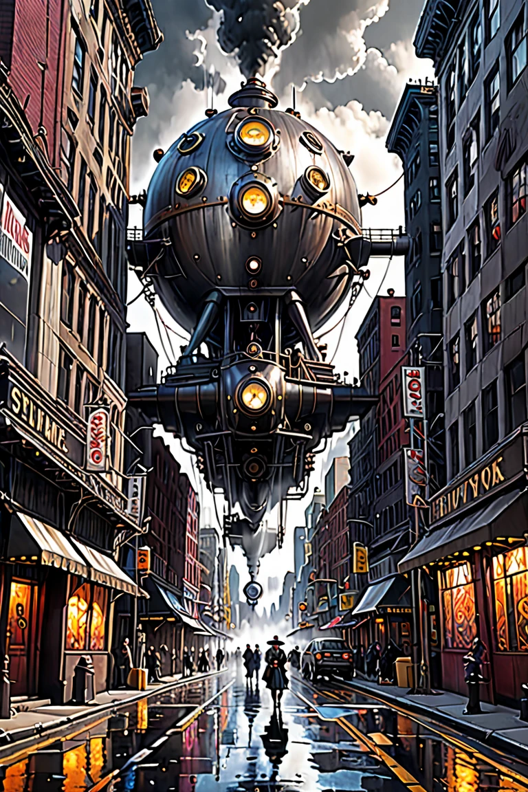 steampunk steam engine city,Hallucinatory Art , dmt Death of Ego , Psychedelic Horror ,Grey Sky、  Highly Detailed Amazing Art , DMT Egodes ,Shamanic Fear ,LSD art,collage,futuristic steampunk street ,  STEAMPUNK CITY , City Concept Art,  sci-fi scene Future New York ,  Advanced Realistic Concept Art ,  Post-Apocalyptic New York , Post-Global Streets ,  Steampunk Atmosphere , Steampunk cityscape ,  steampunk blade runner art