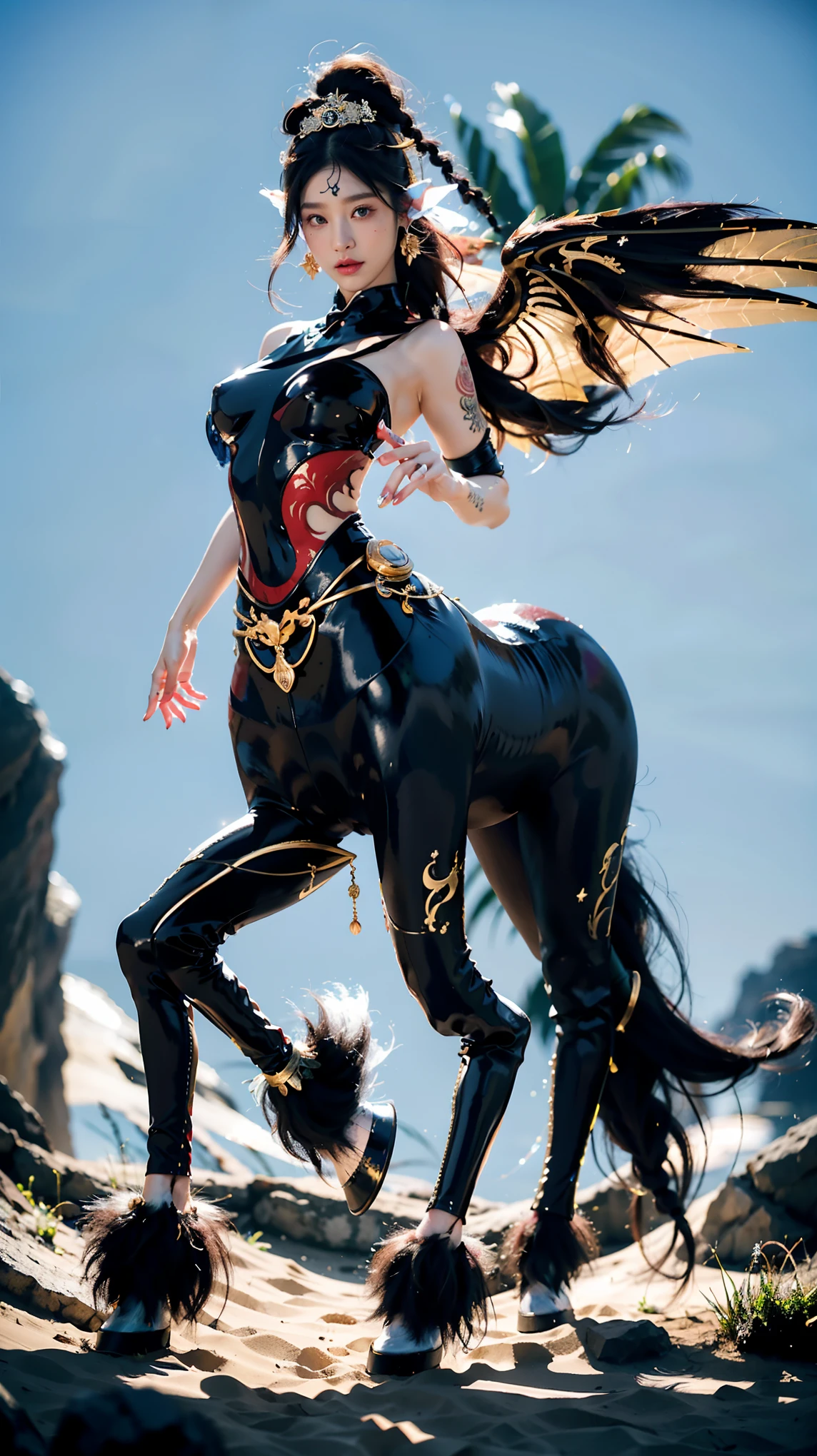 Female, half-centaur, half-horse, half-horse, half-horse, chimera，Female centaur，Female heroic moves，She is famous in the multiverse，She was known as Empress Centaur or Empress Yingzhao，There is also a diversity of people's understanding of her，Her image is somewhere between，Head, neck and shoulders，Transforms into a beautiful female human upper body，Female centaurs, half horses, half horses, and female centaurs undergo human feminization，Either understanding is based on powerful futuristic technologies。The ultra-wide-angle lens captures the beautiful and ethereal mechanical female, half-centaur, half-horse, half-horse, half-horse, half-horse, chimeric queen on the ionosphere, and the light wings spread out to make the jump。Her front half is a tall, sexy body with obvious feminine characteristics，The hind body is the back half of an anthropomorphic horse that interfaces the front half of the body at the back and waist position，The torso of her back body resembles a large female human stoop that connects the lumbar spine of the front and back from the sternum, and the ribcage in the shape of a dog style, waist, abdomen, and hips，Mechanize the anti-joints and feet in the shape of the hind leg horse's knee and personify these parts，Make the legs graceful and slender，She has four slender legs like a supermodel，Under the legs are the feet of humans wearing skyscraper heels，Use Midjourney's advanced stroke tools and color palettes, as well as texture packs, model packs, and texture tools，Concentration，Mechanize all her equine physiology organ parts and give the mechanized parts an ergonomic appearance，Handle the chest, abdomen and hip details，Add anthropomorphic mechanical elements to non-ergonomic parts，Give her a sexy human look of harmony and unity，Enhance the sense of future technology。Plated her mechanical wings with a glow unique to space，The halo crown on her head casts a neon light casting a rainbow，Let her be majestic，Use Midjourney's advanced stroke and texture