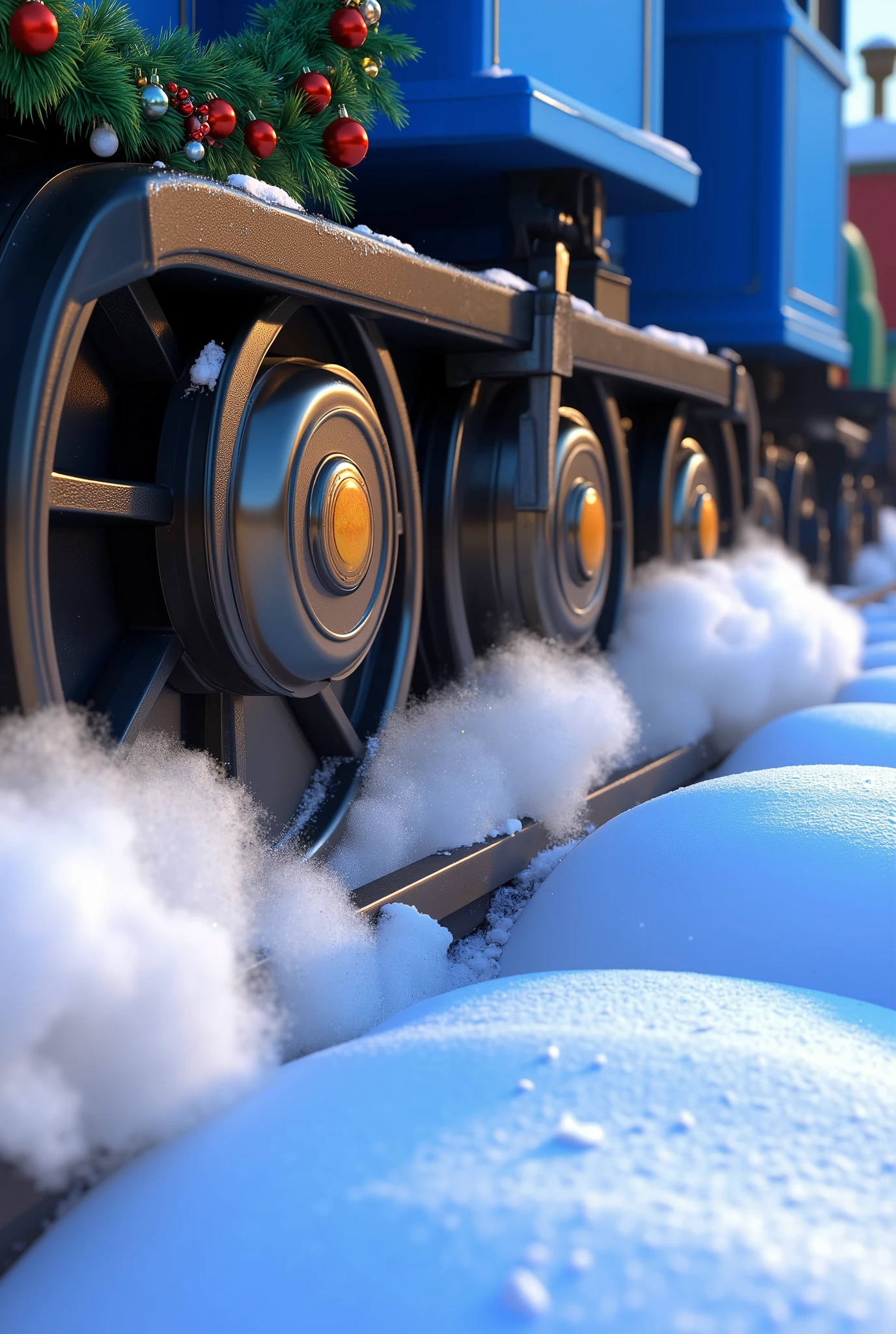 An extreme close-up Pixar-style cartoon shot of the steel wheels of the blue Christmas train cutting through snow-covered tracks. The polished steel glints in the soft winter light, while fluffy clouds of snow spray up dramatically as the wheels churn forward.  

The edge of a bright blue wagon is visible at the top of the frame, its garlands and ornaments reflecting faintly on the steel surface of the wheels. Snowflakes drift lazily in the air, adding a serene contrast to the train’s powerful motion.  