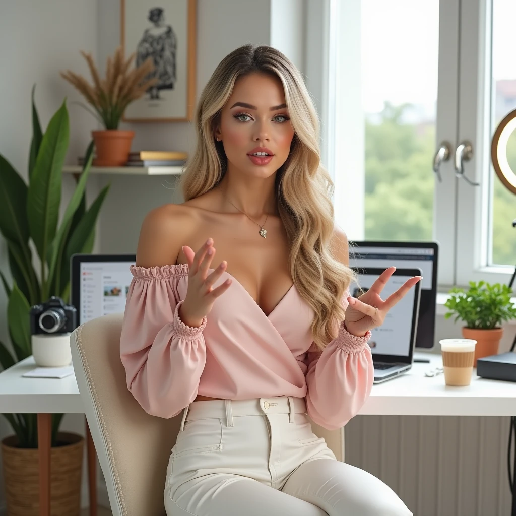 1girl in, age19, Solo, Long hair, Colossal , Looking at Viewer, blondehair, Bare shoulders, Brown eyes, jewely, Full body, a necklace, off shoulders, Sweaters, Realistic, A sexy A beautiful light-skinned Puerto Rican woman with long, curly hair sitting at a desk, working on an Apple laptop. She is in a room that is aesthetically pleasing with white and pink decor. The room features soft, natural lighting, creating a cozy and inviting atmosphere. The woman appears focused and serene, dressed in comfortable yet stylish casual wear. The desk is neatly organized with minimalistic office supplies, emphasizing a modern and elegant design.
