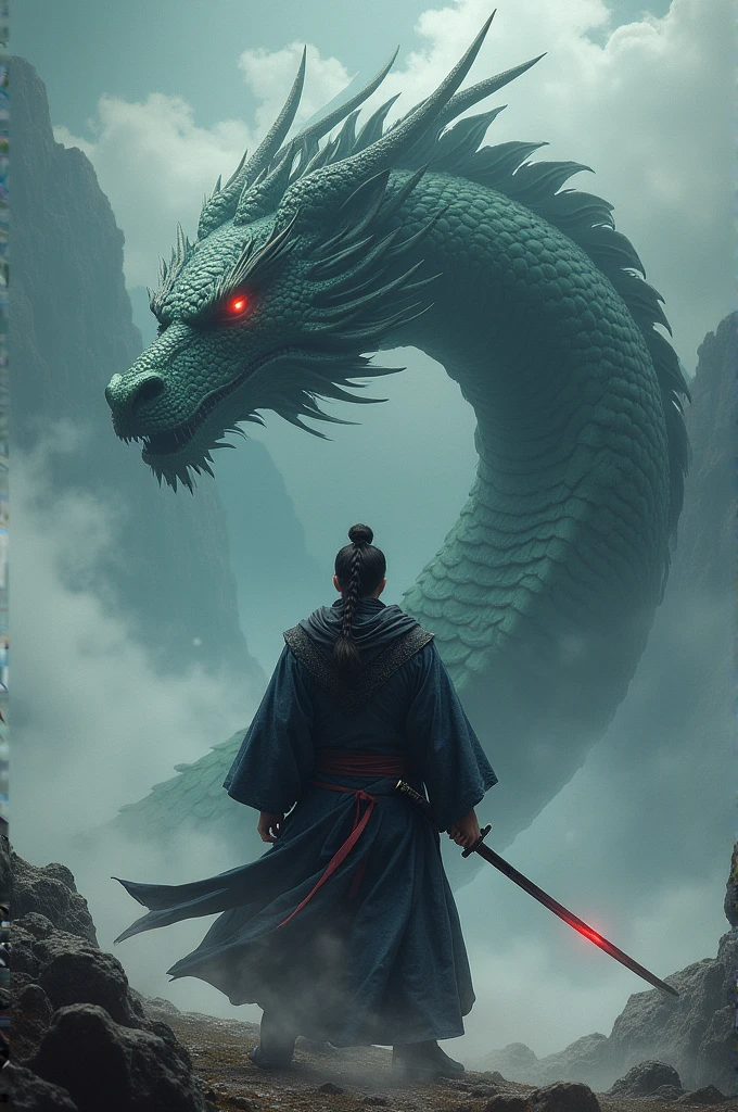 A young Chinese man in traditional robes standing at the edge of a misty river. Behind him, a ghostly female figure in ancient clothing hovers protectively. In the stormy sky above, a massive Chinese dragon looms menacingly. The scene is dimly lit with an eerie blue glow