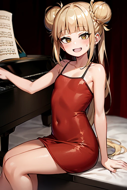 (( top quality)), ((masterpiece)), (be familiar with),  perfect face, indoor, bedroom, looking at the viewer,
One woman, I was,
 open mouth,  ecstatic expression beside the piano, blush, smile,
 small ,  flat chested, Young girl, Lori,  kids,  girl,
 long hair,  twin bun hair ,
Leg spread,