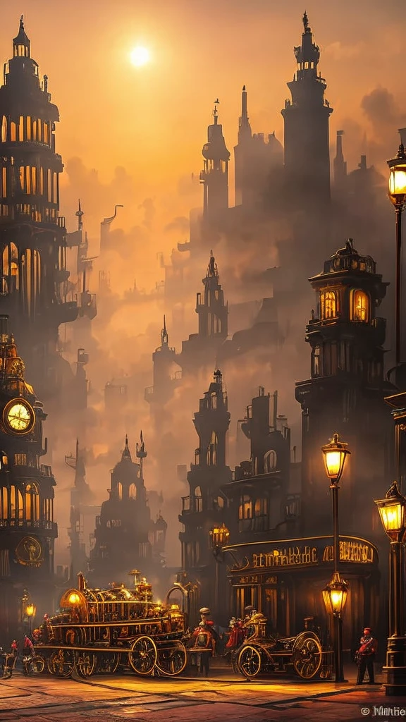 An elaborate steampunk cityscape at sunset, filled with intricate brass and copper machinery. Towering airships hover gracefully above a skyline of ornate, gear-laden buildings, with giant clock towers and steam vents releasing plumes of white mist into the amber sky. The streets are bustling with eccentric characters in Victorian attire, adorned with goggles, top hats, and mechanical prosthetics. A steam-powered carriage glides through the cobblestone streets, while glowing neon signs powered by mysterious energy illuminate the scene. In the foreground, a young inventor is adjusting a glowing, gear-driven device, surrounded by sparks and blueprints. The atmosphere is lively, filled with the hum of machinery and the golden glow of the fading sun.