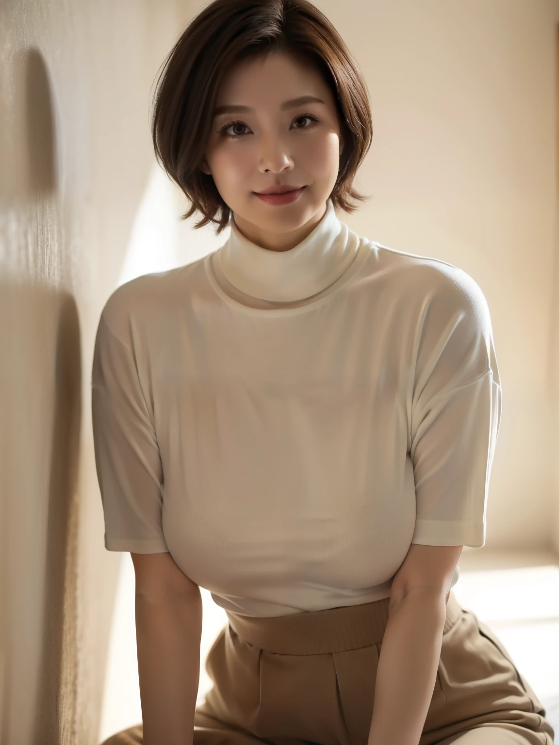 ((masterpiece))、((top quality))、reality、 advanced depth of field 、40 years old、 short bob hair 、 realistic background with accessories 、((Perfect turtleneck t-shirt that shows the shape of large breasts))、 natural light、indoor、 leaning against wall 、 Wide Shot 、Relaxed skirt 、saggy、shadow、smile、