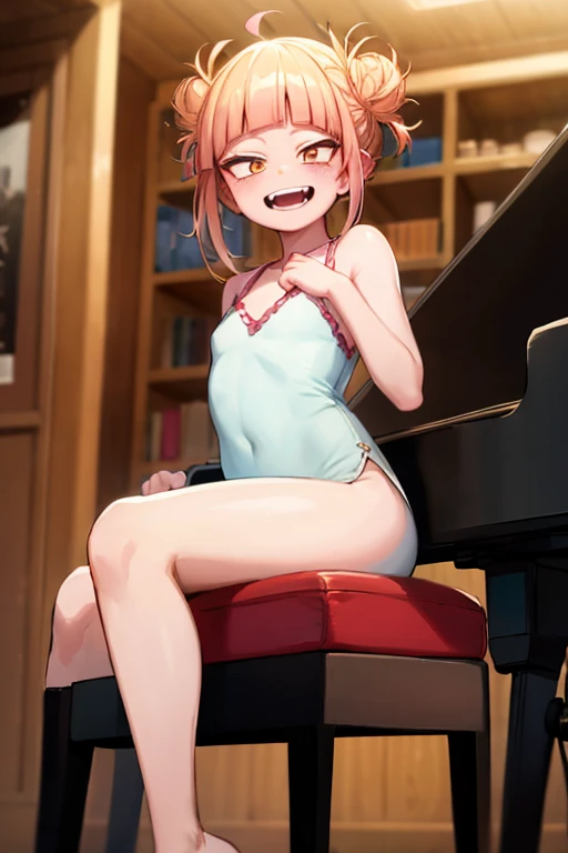 (( top quality)), ((masterpiece)), (be familiar with),  perfect face, indoor, bedroom, looking at the viewer,
One woman, I was,
 open mouth,  ecstatic expression beside the piano, blush, smile,
 small ,  flat chested, Young girl, Lori,  ,  girl,
 long hair,  twin bun hair ,
Leg spread,