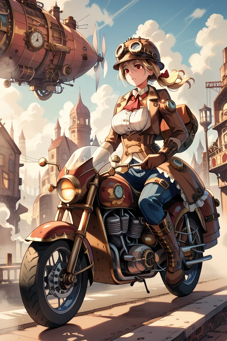 steampunk,  1 girl in Work clothes, red eyes, Blonde, Big Breasts, Work clothes, helmet, goggles, Safety boots, motorcycle, Steam engine, girl riding a motorcycle, Steampunk city background, sky world, cloud, (masterpiece), anatomically correct, high details, high quality,