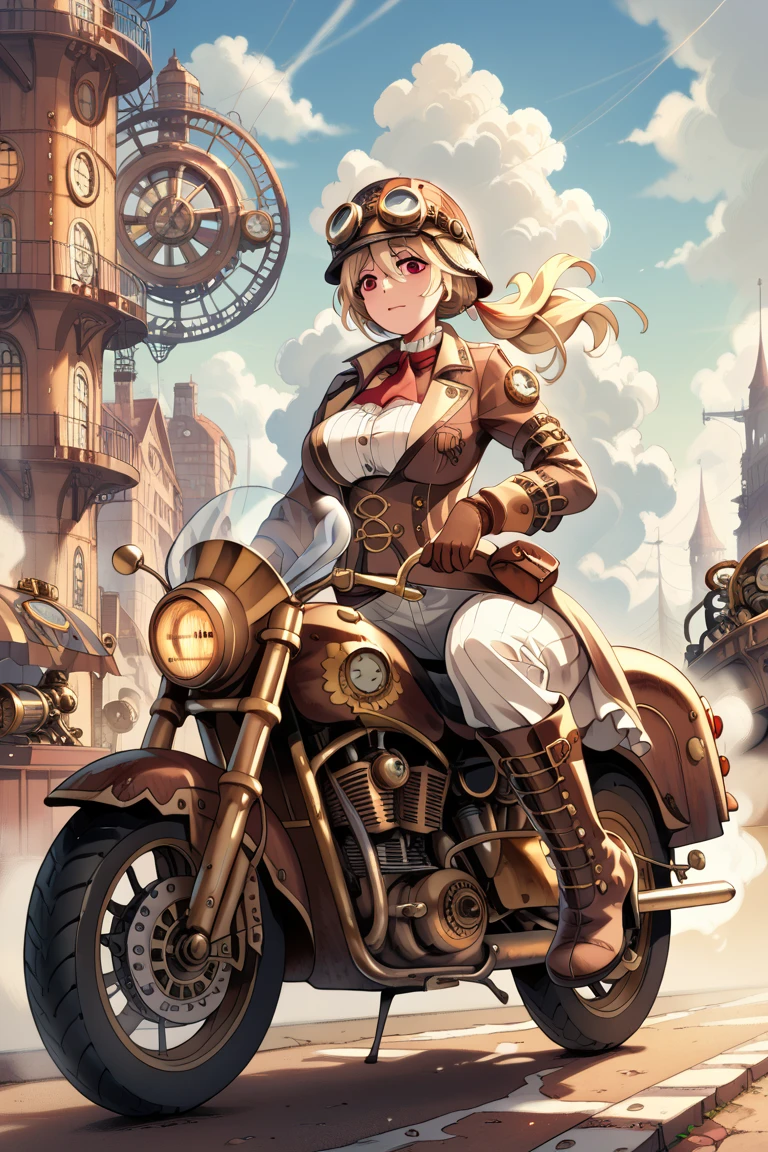 steampunk,  1 girl in Work clothes, red eyes, Blonde, Big Breasts, Work clothes, helmet, goggles, Safety boots, motorcycle, Steam engine, girl riding a motorcycle, Steampunk city background, sky world, cloud, (masterpiece), anatomically correct, high details, high quality,