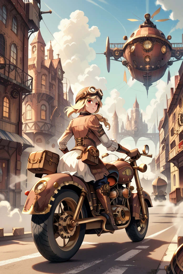 steampunk,  1 girl in Work clothes, red eyes, Blonde, Big Breasts, Work clothes, helmet, goggles, Safety boots, motorcycle, Steam engine, girl riding a motorcycle, Steampunk city background, sky world, cloud, (masterpiece), anatomically correct, high details, high quality,