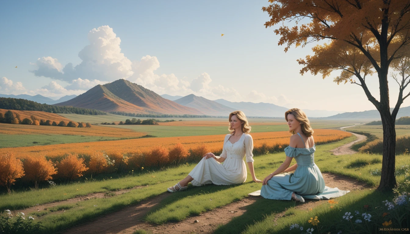 MElissa sue anderson, supermodel pose, full body, 18 year old, rembrandt, oil painting . landscape,prairie, green lands, grass, wild flowers, autumn, sitting on the ground