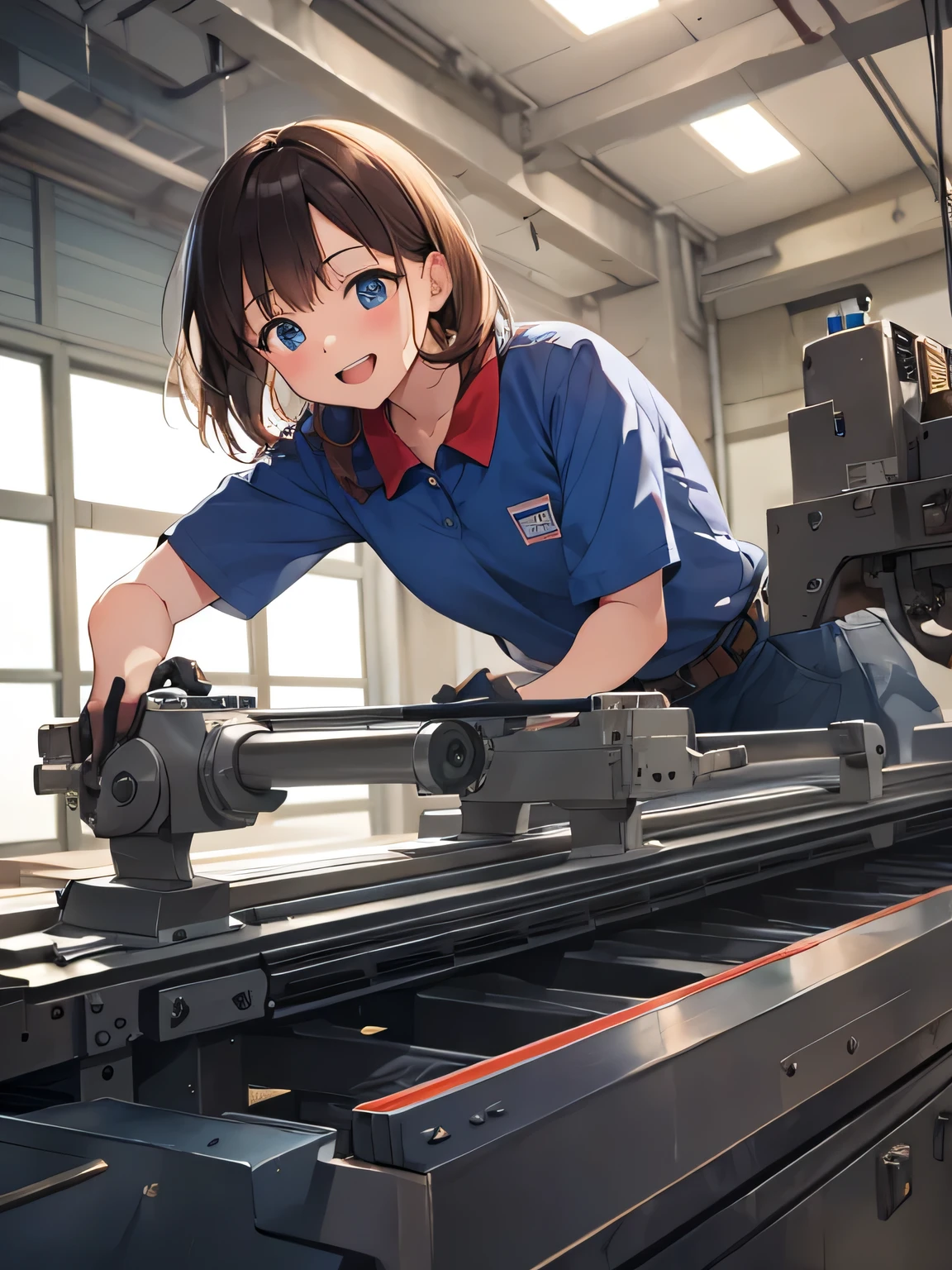Masterpiece, Top Quality, High Quality, One Girl, Solo, Busty (perfect face), 20 years old, (open mouth, big smile), brown hair, blue eyes, long sleeved work clothes, white gloves, work hat, (blue string around neck, employee ID in clear horizontal case) gear factory, belt conveyor, industrial environment, factory worker, side view, side view Concentration, Repetitive Work Keywords: work, machine noise, assembly line, safety equipment, efficiency, production process, fast-paced work, concentration, teamwork, precision, automation, manufacturing environment, productivity, hands on, dedication, uniformity, mechanical motion, industrial equipment, work-oriented, manufacturing, assembly process, skilled workers, synchronized motion,.  Work motivation, dedication, , warm natural light illuminated scene overall, clear, high definition, open mouth full smile.