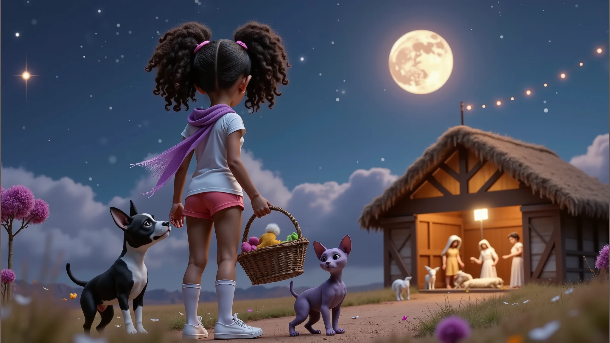 Inspired by the characters in the films on the Disney Pixar posters in high quality and high resolution 3D create the image taken from the back the12 yo, 12 aanos, 12y, age:12 girl with basket in her hands with a bun at her side her dog a French bulldog puppy black and white with predominance black and on the other side her hairless purple cat sfinks she is facing a straw barn where there is a light illuminating a nativity scene where apparently there is a baby Jesus Mary Joseph a sheep a cow and a donkey on a beautiful night with a guiding star illuminating and the full moon illuminating everything the girl wears a white t-shirt, white shorts, a lilac scarf protecting her neck, very short red shorts, white knee-high socks and white sneakers