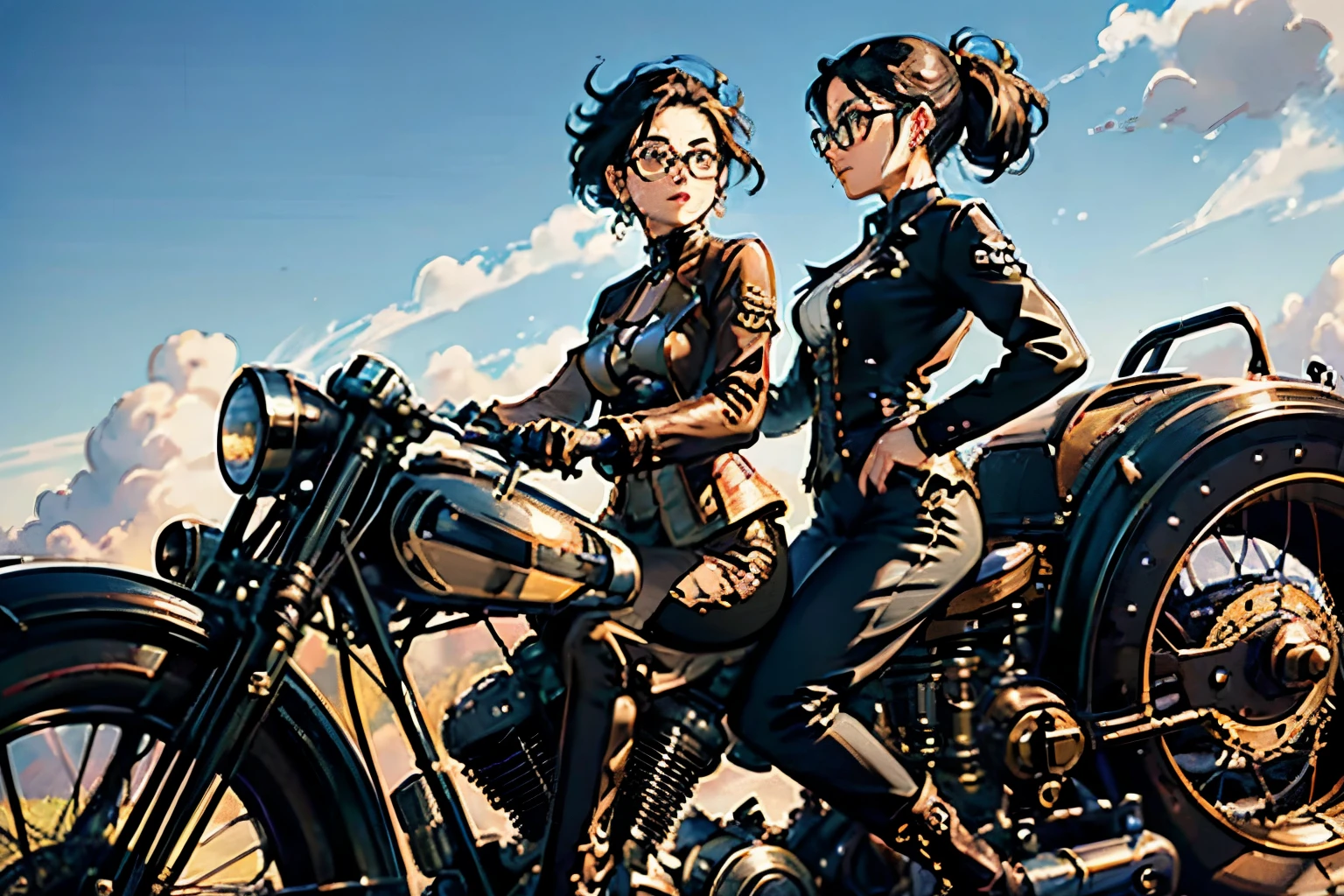 Steampunk world、Steampunk Girls . (Ride a steam engine flying motorcycle:1.2)、 black hair, Glasses,  stud earrings ,  vintage ,  feminine, 8k, masterpiece,  top quality, Excellent details) , ( High Saturation, Best Shadow, The best light, Very delicate bleaching) Dark style