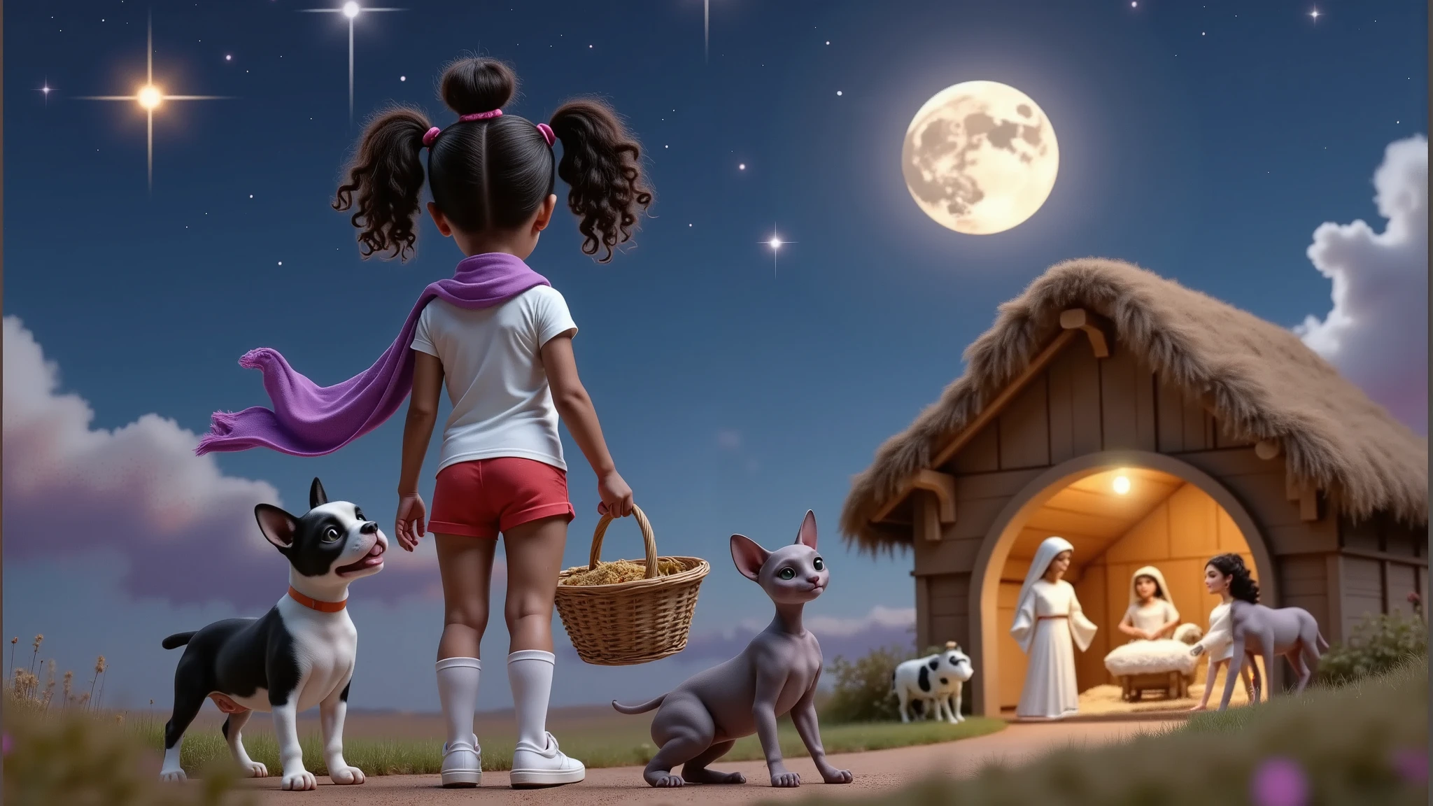 Inspired by the characters in the films on the Disney Pixar posters in high quality and high resolution 3D create the image taken from the back the12 yo, 12 aanos, 12y, age:12 girl with basket in her hands with a bun at her side her dog a French bulldog puppy black and white with predominance black and on the other side her hairless purple cat sfinks she is facing a straw barn where there is a light illuminating a nativity scene where apparently there is a baby Jesus Mary Joseph a sheep a cow and a donkey on a beautiful night with a guiding star illuminating and the full moon illuminating everything the girl wears a white t-shirt, white shorts, a lilac scarf protecting her neck, very short red shorts, white knee-high socks and white sneakers