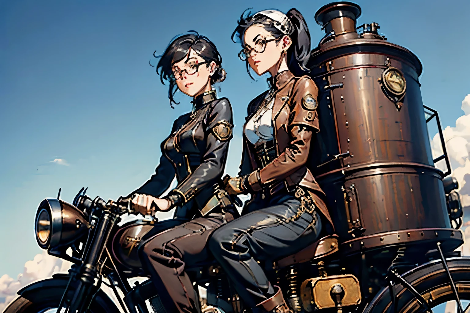 Steampunk world、Steampunk Girls . (Ride a steam engine flying motorcycle:1.2)、 black hair, Glasses,  stud earrings ,  vintage ,  feminine, 8k, masterpiece,  top quality, Excellent details) , ( High Saturation, Best Shadow, The best light, Very delicate bleaching) Dark style