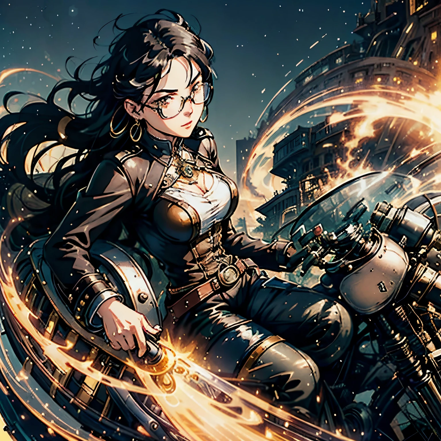 Steampunk world、Steampunk Girls . (Ride a steam engine flying motorcycle:1.2)、 black hair, Glasses,  stud earrings ,  vintage ,  feminine, 8k, masterpiece,  top quality, Excellent details) , ( high saturation , Best Shadow, The best light, Very delicate bleaching) Dark style