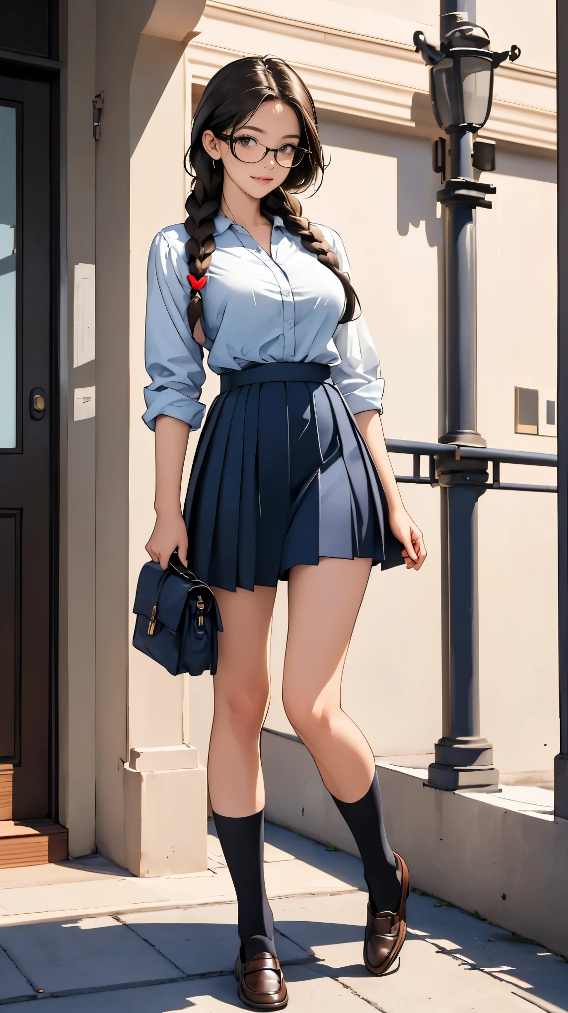 (masterpiece,  High Quality ,  high definition ,  Golden Ratio ,  movie lighting, 8k, full body),  perfectly anatomically correct body , perfect hand, 1 high school girl, Navy blue sailor suit,  Dark Blue Pleated Skirt , Carrying a leather school bag,  stands shyly, Big breasts, Thin thighs, Healthy sex appeal,  teenage beauty and brilliance , (ecstasy face), ( eyes are realistic size , Downcast eyes, smile), final,  braided ,  buttoned shirt , In front of the main entrance, (Cat wearing black glasses ),  Dark Brown Loafers , Black knee socks(Thigh Cut ), 