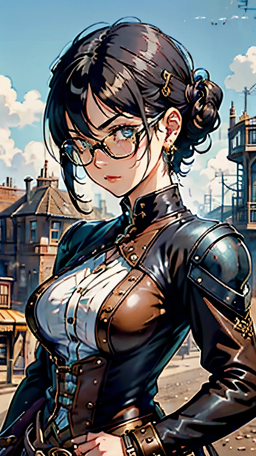 Steampunk world、Steampunk Girls . (Ride a steam engine flying motorcycle:1.2)、 black hair, Glasses,  stud earrings ,  vintage ,  feminine, 8k, masterpiece,  top quality, Excellent details) , ( High Saturation, Best Shadow, The best light, Very delicate bleaching) Dark style