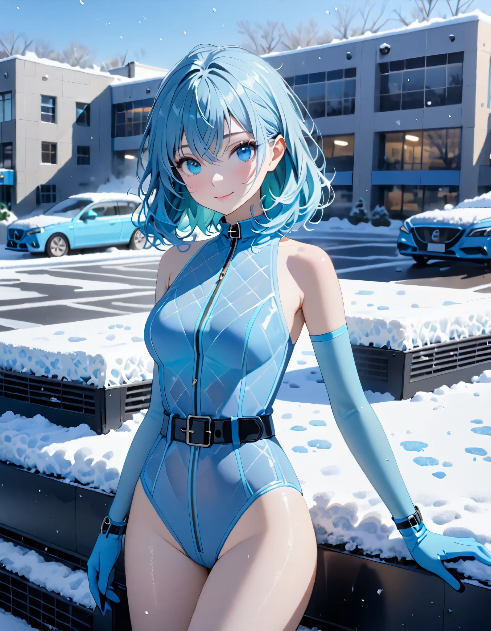 (photorealistic:1.3, highest quality:1.3,8Kmasterpiece:1.4, masterpiece:1.3,High resolution,muste piece:1.2),snow mountainに立つ1人の23歳の女性,bondage fashion,(red swimsuit,choker,stockings,boots), beautiful skin, (looking at the camera:1.2),(Photo seen from the front bottom:1.3),(Short Hair:1.2,bright blue hair:1.5), expression(Scoffing:1.3,blushing:1.3),(Moderate chest:1.3),Pause(Seductive pose:1.5),background(snow scene:1.5,snow mountain:1.3,Ski resort),(slender, abs:1.2),(Underwear visible through clothing),(Butt visible through clothes),(detailed perfect face),normal hands:1.5,normal finger:1:5,normal feet:1.5,(cameltoe)