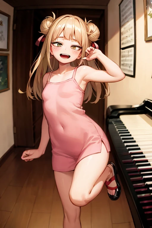 (( top quality)), ((masterpiece)), (be familiar with),  perfect face, indoor, bedroom, looking at the viewer,
One woman, I was,
 open mouth,  ecstatic expression beside the piano, blush, smile,
 small ,  flat chested, Young girl, Lori,  kids,  girl,
 long hair,  twin bun hair ,
Leg spread,