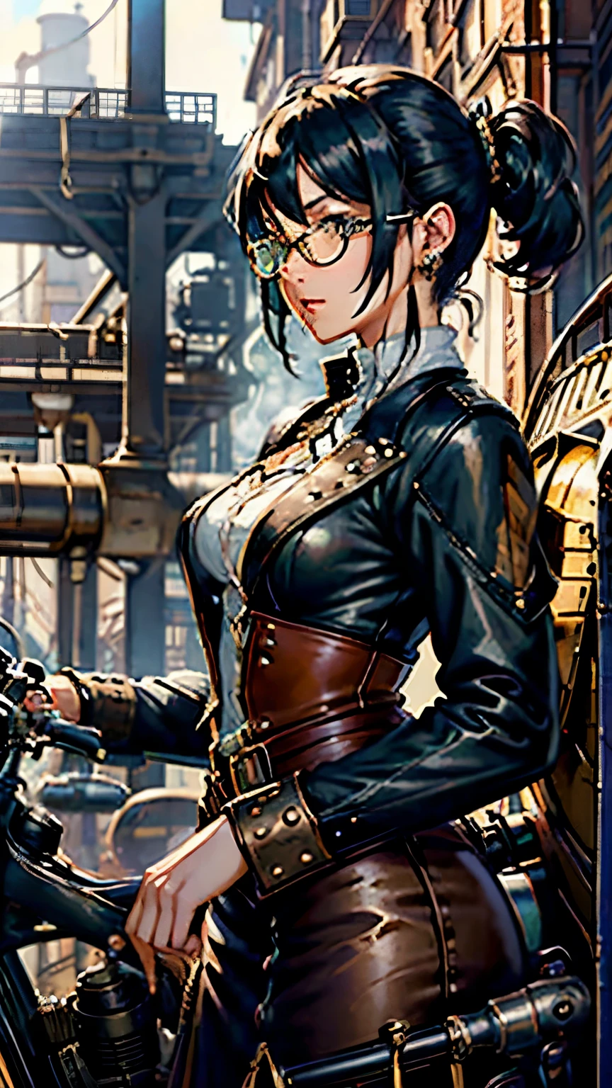 Steampunk world、Steampunk Girls . (Ride a steam engine flying motorcycle:1.2)、 black hair, Glasses,  stud earrings ,  vintage ,  feminine, 8k, masterpiece,  top quality, Excellent details) , ( High Saturation, Best Shadow, The best light, Very delicate bleaching) Dark style