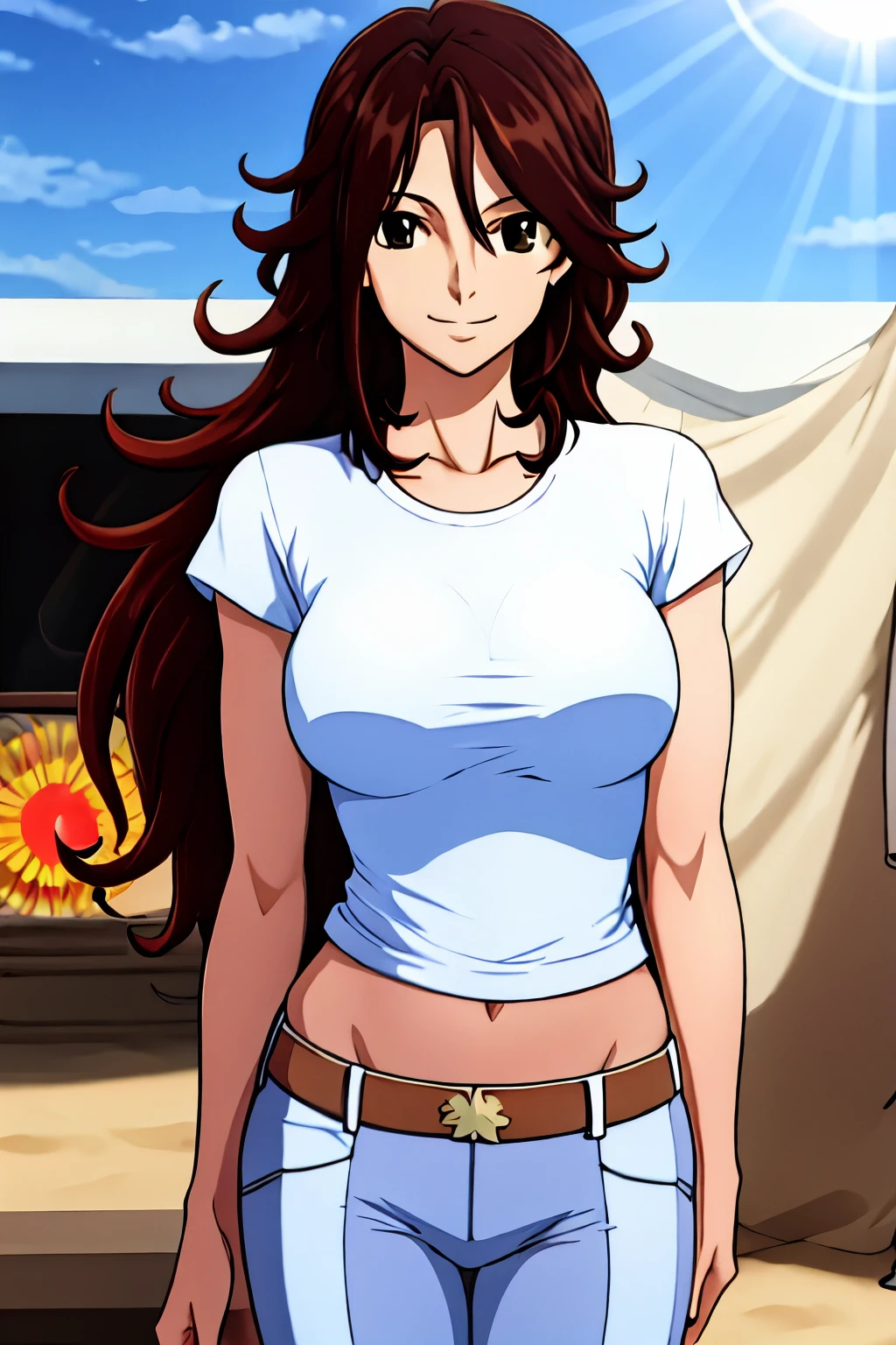 ((masterpiece)),((best quality)),ultra-detailed,illustration,1girl, solo, brown hair, long hair, flower, pants, midriff, crop top, breasts, looking at viewer, cleavage, brown eyes, beach, navel, medium breasts, bikini top, head tilt, knee up, closed mouth, bare shoulders, grey eyes, cloud, bangs, ,Beautiful body, Beautiful Nose, Beautiful character design, perfect eyes, perfect face, alluring, wallpaper, perfect lighting, Colorful, ultra highres,4K,photography, (medium breasts:1.2),(beautiful face:1.2),(narrow waist), shiny skin, anime screencap ,from below, mature female, full body, meitantei conan, standing, ((milf)), 37 years old, stretching