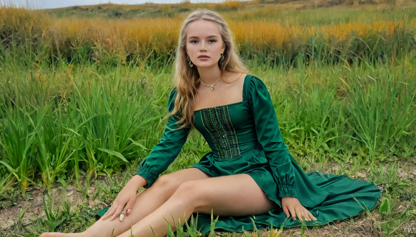 MElissa sue anderson, supermodel pose, full body, 18 year old, rembrandt, oil painting . landscape,prairie, green lands, grass, wild flowers, autumn, sitting on the ground