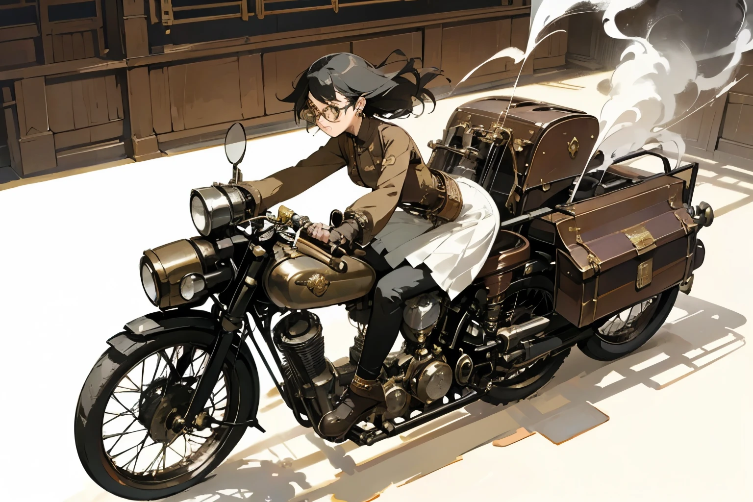 Steampunk world、Steampunk Girls . (Ride a steam engine flying motorcycle:1.2)、 black hair, Glasses,  stud earrings ,  vintage ,  feminine, 8k, masterpiece,  top quality, Excellent details) , ( High Saturation, Best Shadow, The best light, Very delicate bleaching) Dark style