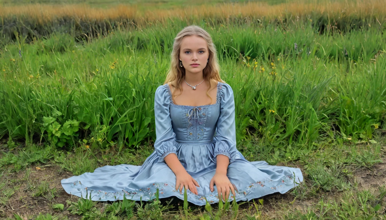 MElissa sue anderson, supermodel pose, full body, 18 year old, rembrandt, oil painting . landscape,prairie, green lands, grass, wild flowers, autumn, sitting on the ground