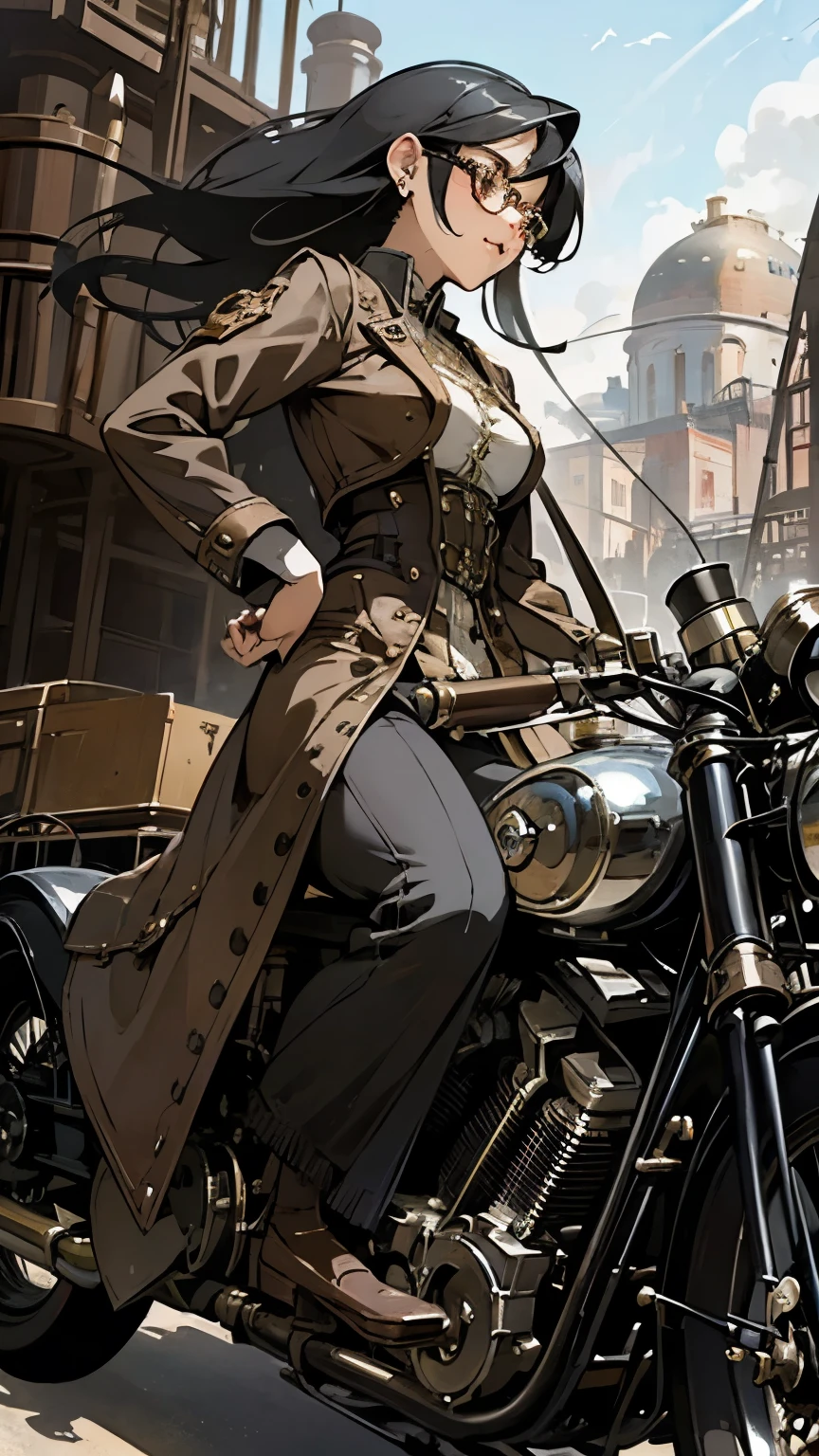 Steampunk world、Steampunk Girls . (Ride a steam engine flying motorcycle:1.2)、 black hair, Glasses,  stud earrings ,  vintage ,  feminine, 8k, masterpiece,  top quality, Excellent details) , ( high saturation , Best Shadow, The best light, Very delicate bleaching) Dark style