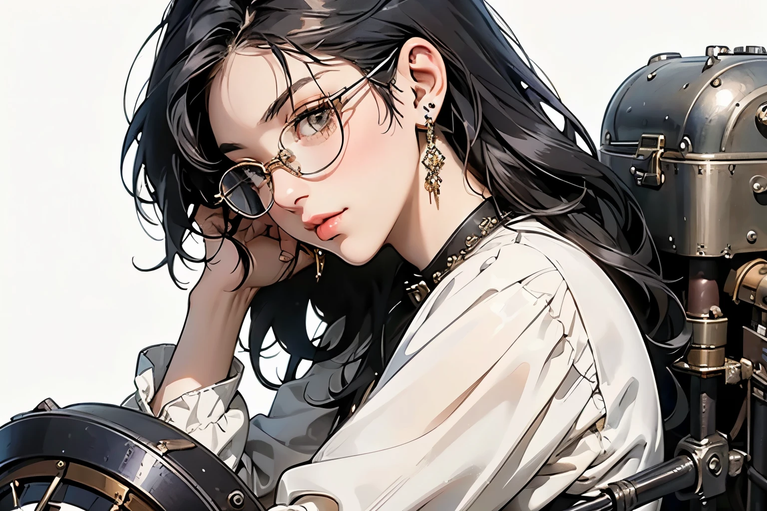 Steampunk world、Steampunk Girls . (Ride a steam engine flying motorcycle:1.2)、 black hair, Glasses,  stud earrings ,  vintage ,  feminine, 8k, masterpiece,  top quality, Excellent details) , ( High Saturation, Best Shadow, The best light, Very delicate bleaching) Dark style