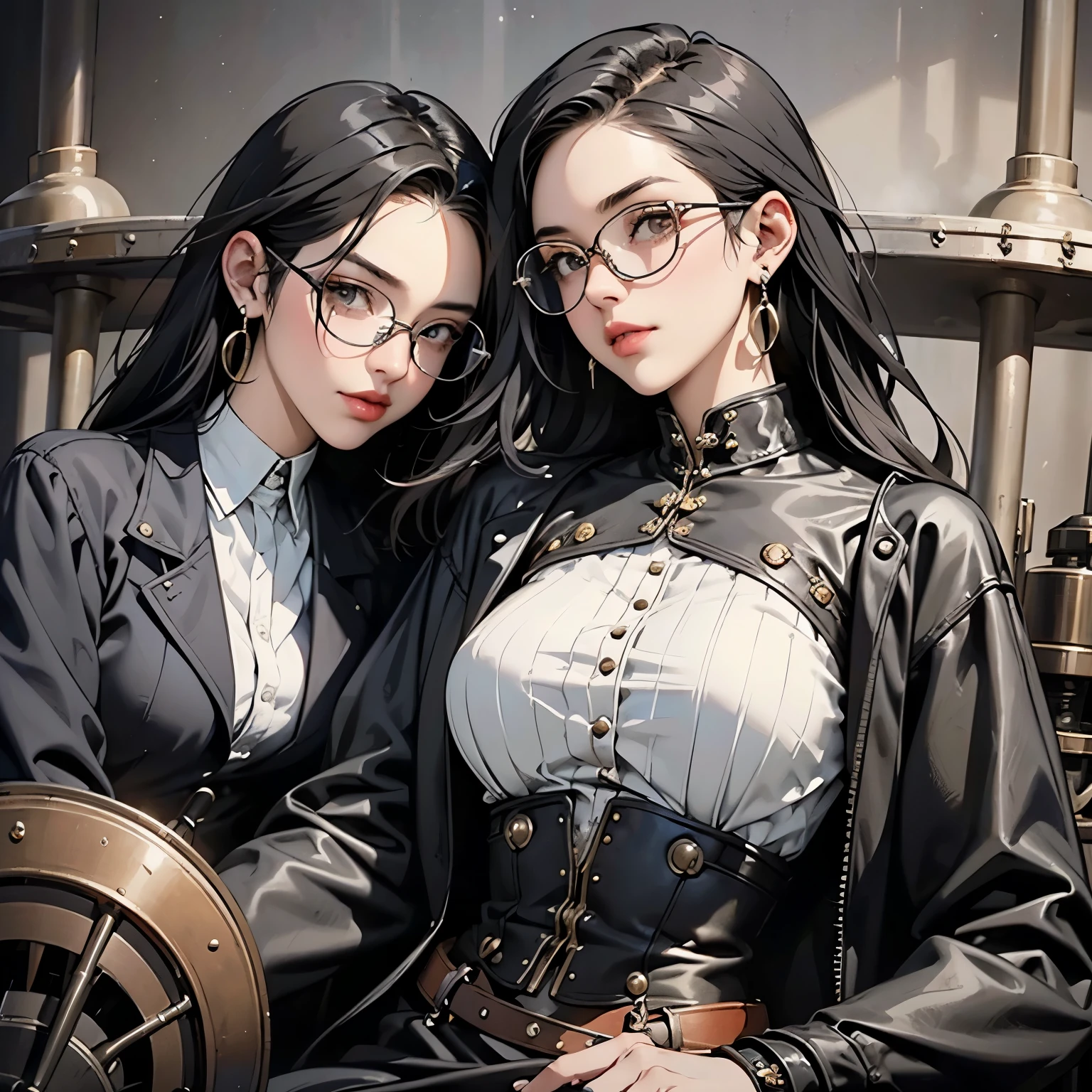 Steampunk world、Steampunk Girls . (Ride a steam engine flying motorcycle:1.2)、 black hair, Glasses,  stud earrings ,  vintage ,  feminine, 8k, masterpiece,  top quality, Excellent details) , ( high saturation , Best Shadow, The best light, Very delicate bleaching) Dark style