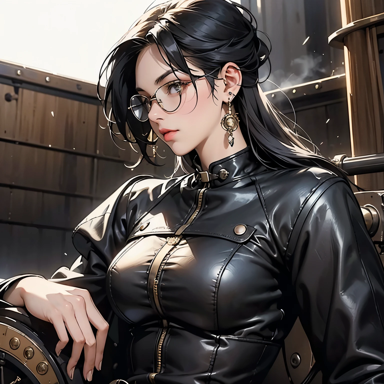 Steampunk world、Steampunk Girls . (Ride a steam engine flying motorcycle:1.2)、 black hair, Glasses,  stud earrings ,  vintage ,  feminine, 8k, masterpiece,  top quality, Excellent details) , ( high saturation , Best Shadow, The best light, Very delicate bleaching) Dark style