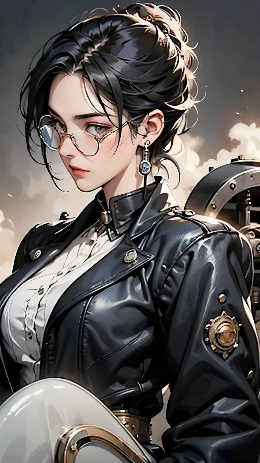 Steampunk world、Steampunk Girls . (Ride a steam engine flying motorcycle:1.2)、 black hair, Glasses,  stud earrings ,  vintage ,  feminine, 8k, masterpiece,  top quality, Excellent details) , ( High Saturation, Best Shadow, The best light, Very delicate bleaching) Dark style