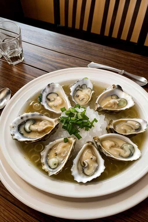 a freshly shucked oysters, steaming hot oyster soup, gourmet food, delicate plate presentation, high-quality ceramic dishware, natural lighting, warm tones, elegant dining, masterpiece, photorealistic, 8k, hyper-detailed