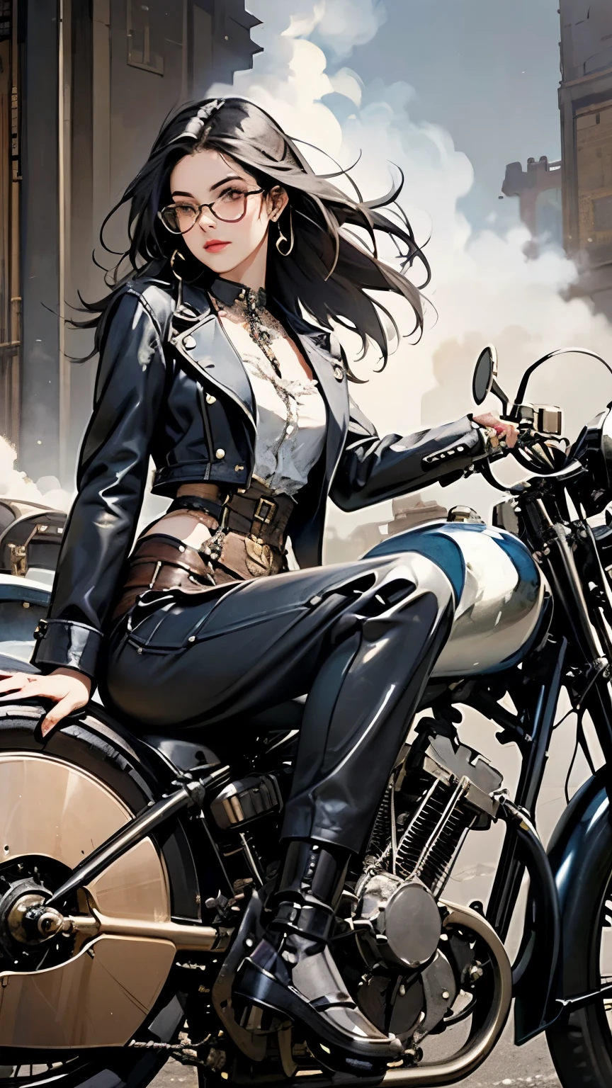 Steampunk world、Steampunk Girls . (Ride a steam engine flying motorcycle:1.2)、 black hair, Glasses,  stud earrings ,  vintage ,  feminine, 8k, masterpiece,  top quality, Excellent details) , ( high saturation , Best Shadow, The best light, Very delicate bleaching) Dark style