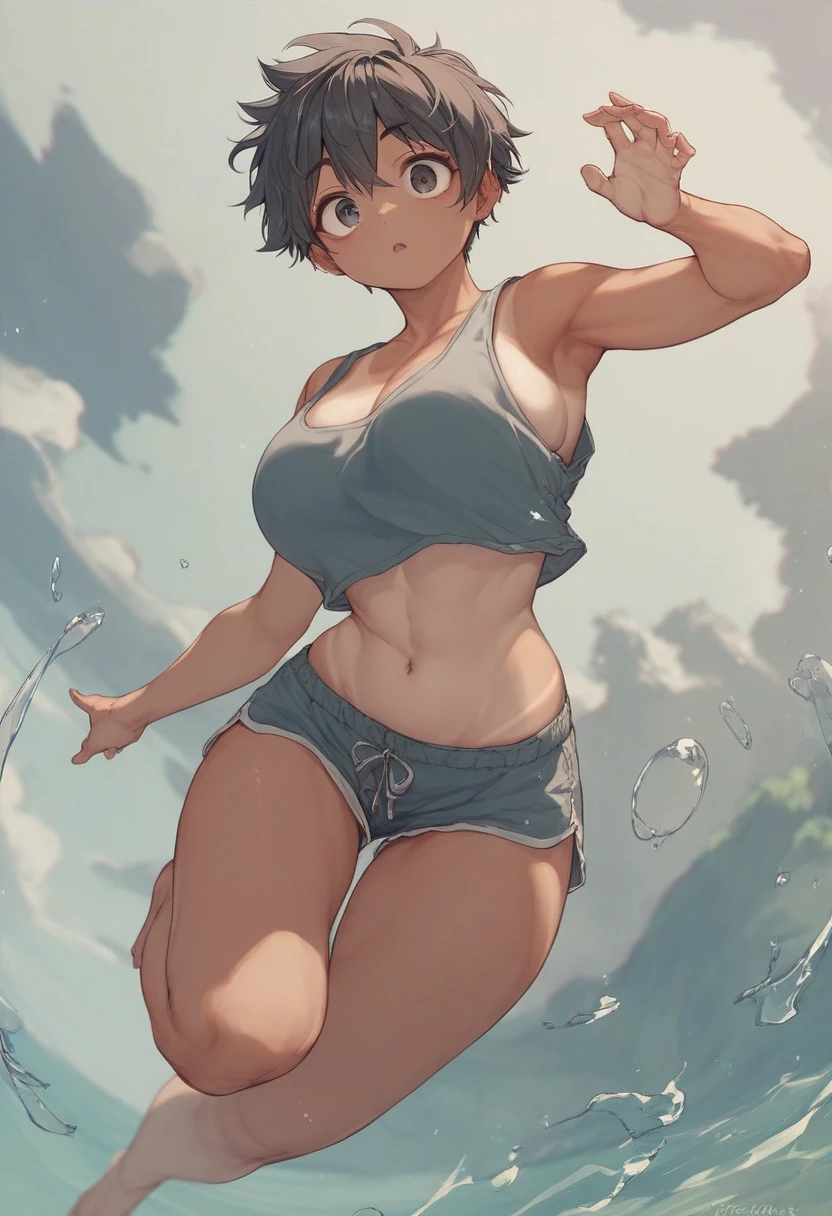 Japanese countryside,Paddy field,Muddy,smile,Are standing,close your eyes,1. small ,short hair,Black Hair,blush,Navy blue school swimsuit,barefoot,White skin,From below,shy,Sweaty,Wet,PAW Pose,Mouth wide open,