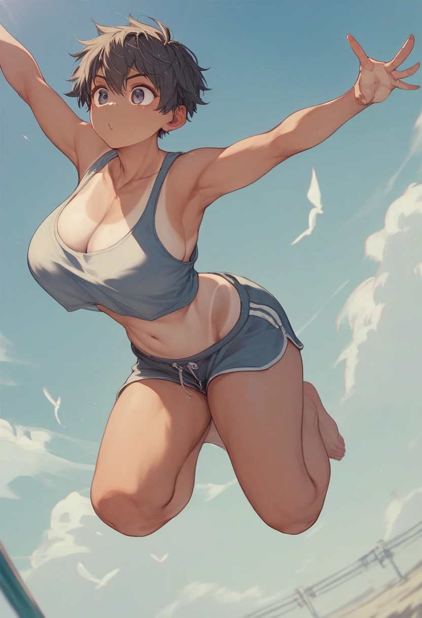 1girl, short hair、 tomboy、Big Breasts、 big eyes、 boyish、Shorter clothing、tanline　curvy、dutch angle、jumping