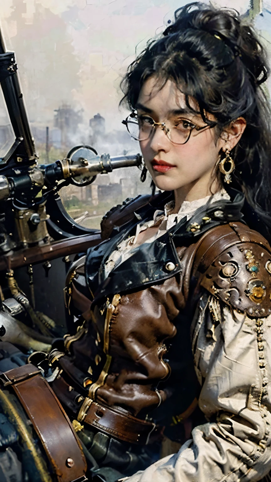 Steampunk world、Steampunk Girls . (Ride a steam engine flying motorcycle:1.2)、 black hair, Glasses,  stud earrings ,  vintage ,  feminine, 8k, masterpiece,  top quality, Excellent details) , ( high saturation , Best Shadow, The best light, Very delicate bleaching) Dark style