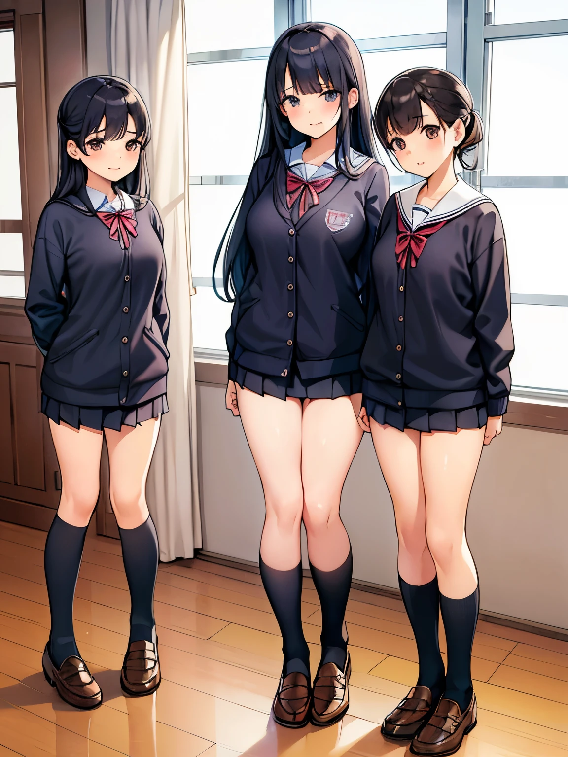     masterpiece  ,    High Quality   ,    3 girls ,    school uniform,  Black socks、  calf socks  、ミッド  calf socks  ,    brown loafers  ,Tight fitting clothes、   bra、 panties、   standing、classroom、  good