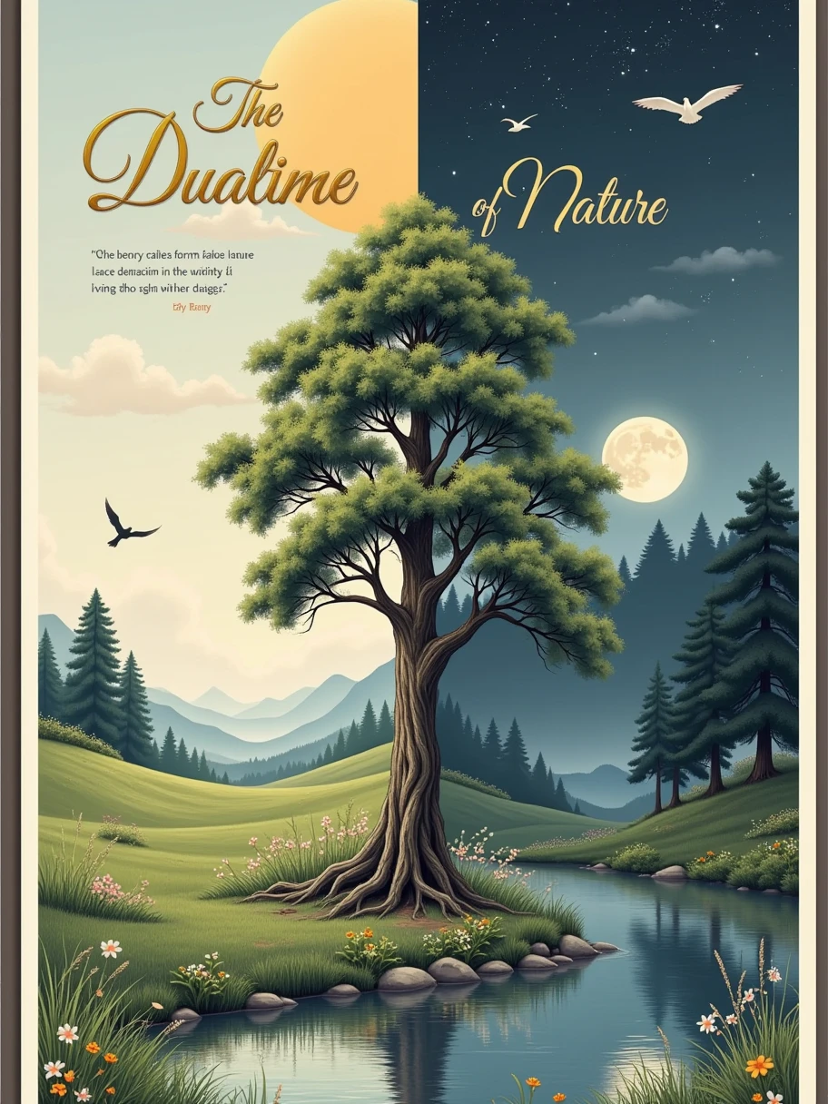 Create a poster titled &quot;The Duality of Nature&quot;, The poster is divided into two distinct panels: Left Panel: &quot;Daytime&quot; background: Gradient from light blue at the top to soft blue at the bottom. image: A huge, Bright Sun; A lush green meadow, Dotted with wild flowers; a tall tree, Bright leaves; Birds in flight; A gentle, sparkling stream. letter: &quot;Daytime&quot; with elegant, flowing golden Font at the top; There is a quote at the bottom, &quot;Light awakens life&quot;, Use smaller italic text. Right panel: Night background: Gradient from deep indigo at the top to soft dark purple at the bottom. image: A glowing full moon; Darkness, Un bosque tranquilo, Trees cast shadows; the same tree in the Left Panel, Now it&#39;s bald; Bats flying over the moon; a calm, Reflection Lake; Twinkling stars and faint Milky Way band. letter: &quot;Night&quot; in bold, serif Font at the top, The color is silvery-white; There is a quote at the bottom, &quot;Darkness reveals the unknown&quot;, Use smalle