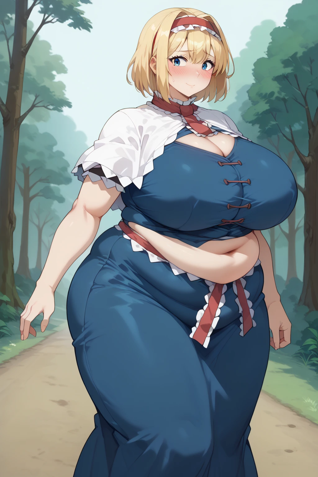  Alice Margatroyd, alice margatroid,  medium hair up to buttocks,  blonde hair ,  blue eyes, ,Red Hairband, , Frilled Headband , Red waist wrap with white frills ,　 Blue Dress ,
 white capelets ,  Blue Dress ,  Blue Long Skirt ,  score_9,   score_8_up,   score_7_up,   score_6_up,   score_5_up,   score_4_up,     Masterpiece  ,   top quality,   very aesthetic,   absurd,   source_Anime, Anime screencap,   one woman , Alone,  personal  ,  super huge breasts, ((( super huge clevis, super huge , super huge boob))), Curvy,  chubby, Mature Woman,  obese body type, blush, Shy woman,  stomach flesh sticking out of clothes,　 sloppy stomach , Three-section abdomen, Plump belly,  walking through the woods ,  I'm in the dark woods, Road in the dark woods ,  in a creepy forest , I'm worried about belly fat ,  cleavage enhancement pose, 